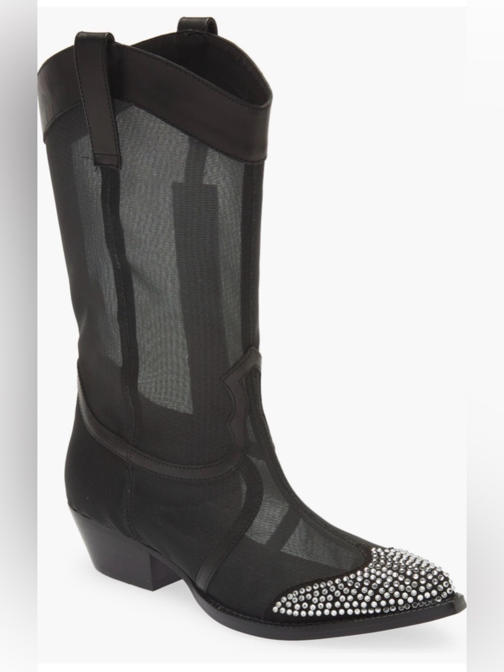 Karl Lagerfeld Lakota Rhinestone Black Mesh Western  Cowboy Boot Studded Toe - Picture 8 of 13